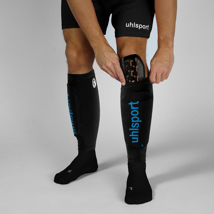 100681101 UHLSPORT Cybershield Shin Guards Black/Cyan